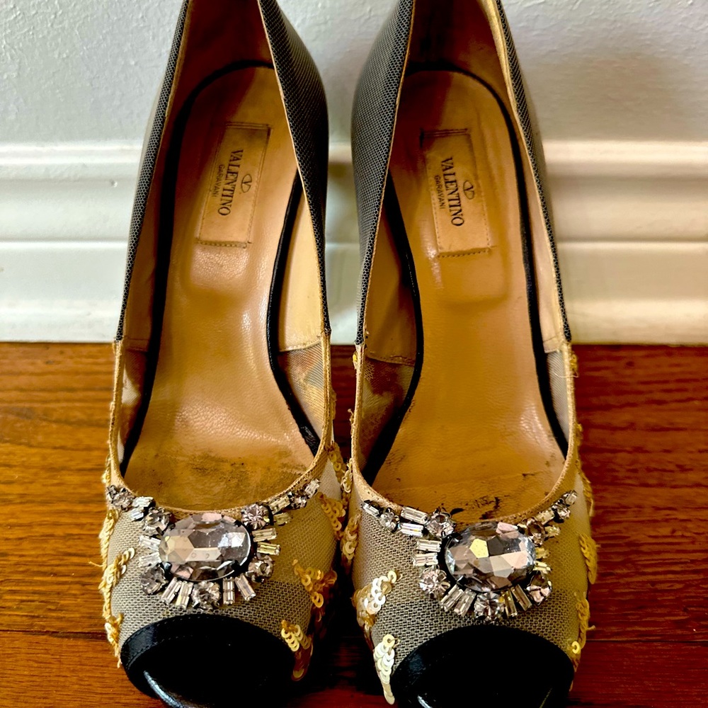 Valentino Black and Gold Mesh Pumps